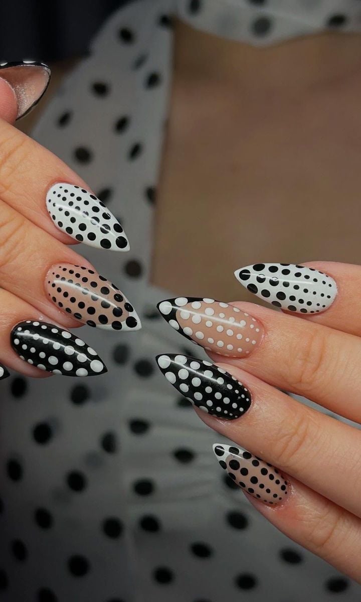 Variety of Polka Dot Designs on Almond Nails Variety of Polka Dot Designs on Almond Nails — Dots Nail Designs