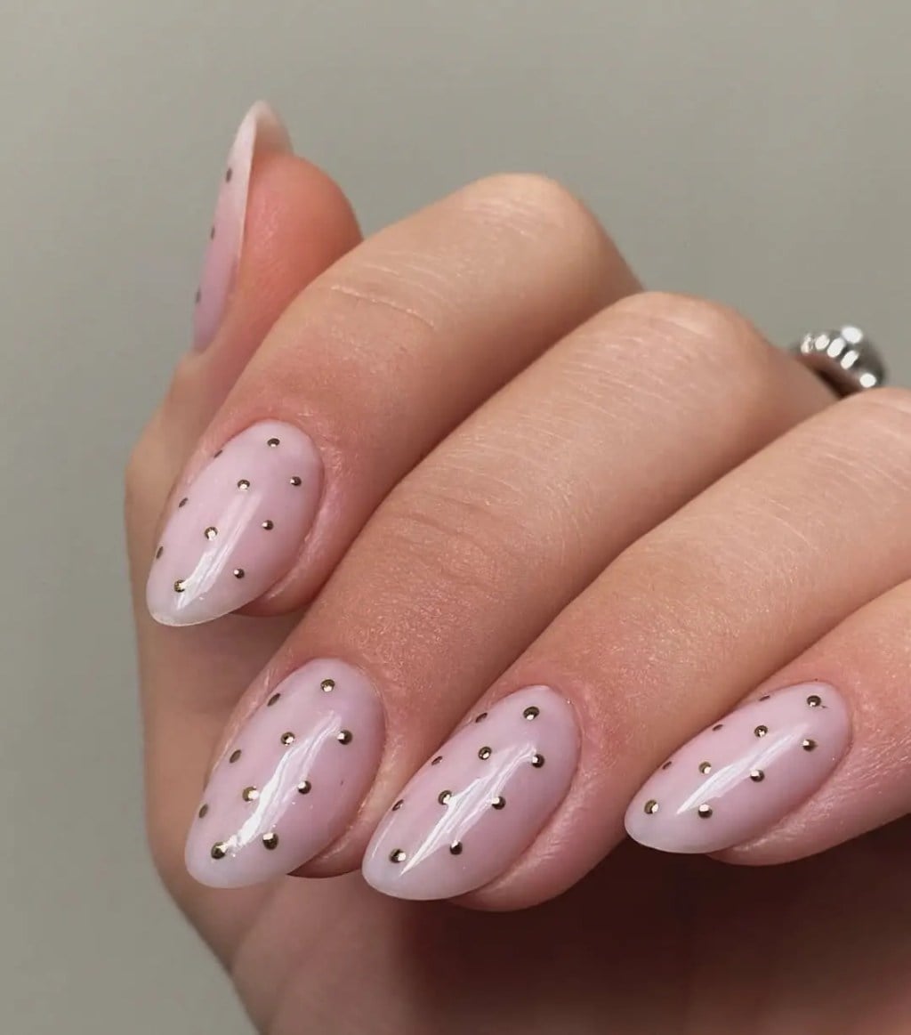 Pale Pink Nails with Gold Stud-Like Dots Pale Pink Nails with Gold Stud-Like Dots — Dots Nail Designs