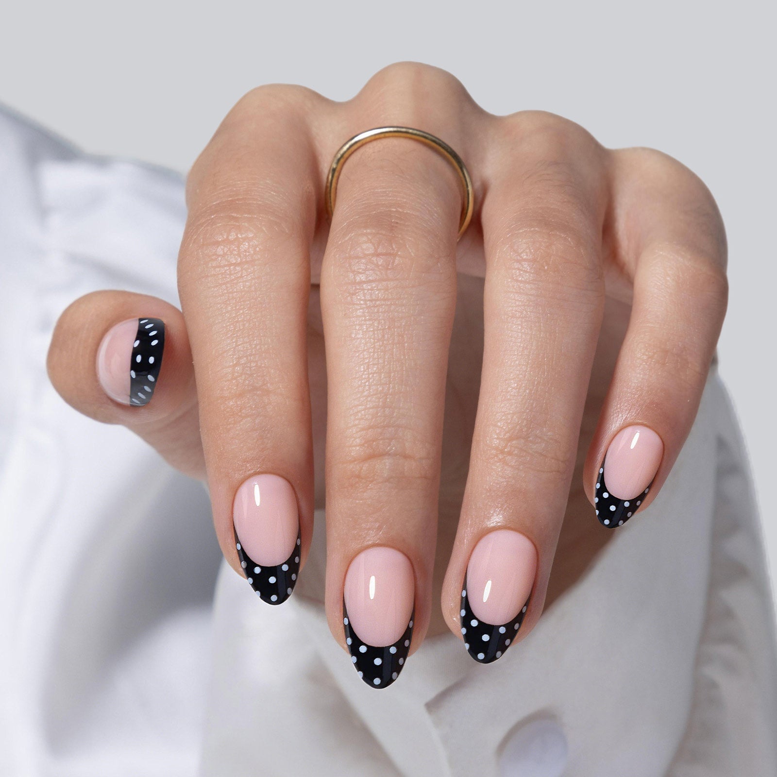 Nude Black French Tip with White Dots Nude Black French Tip with White Dots — Dots Nail Designs