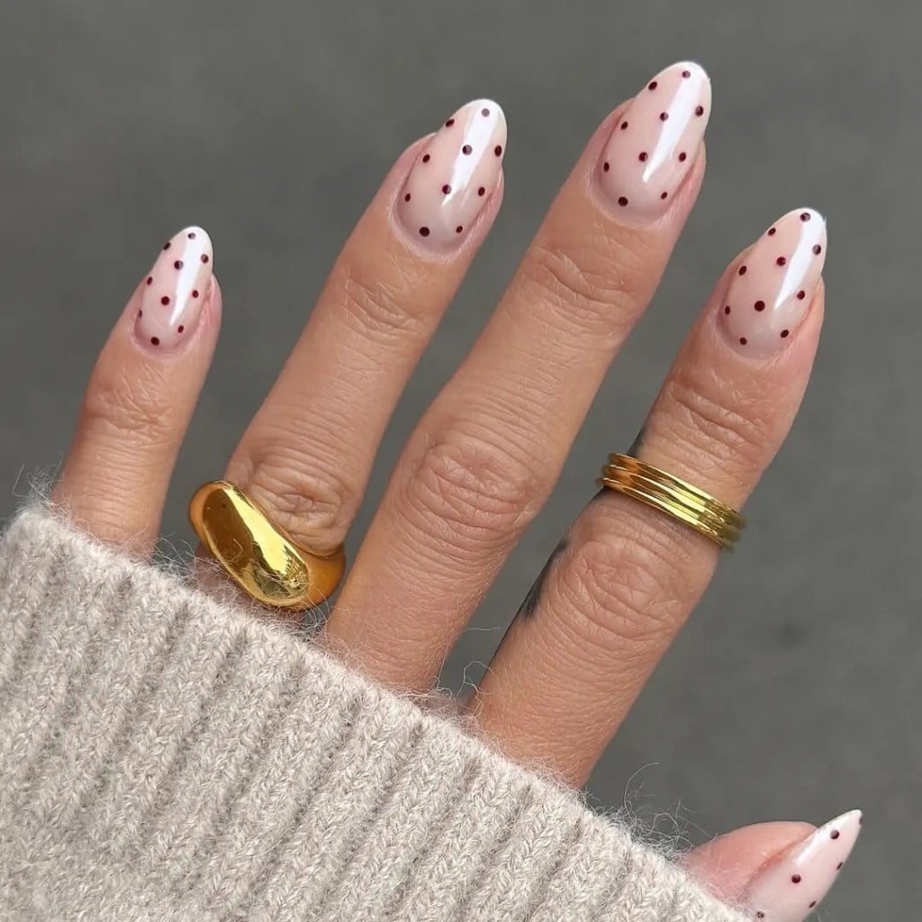 Sheer Nude Nails with Deep Red Dots Sheer Nude Nails with Deep Red Dots — Dots Nail Designs