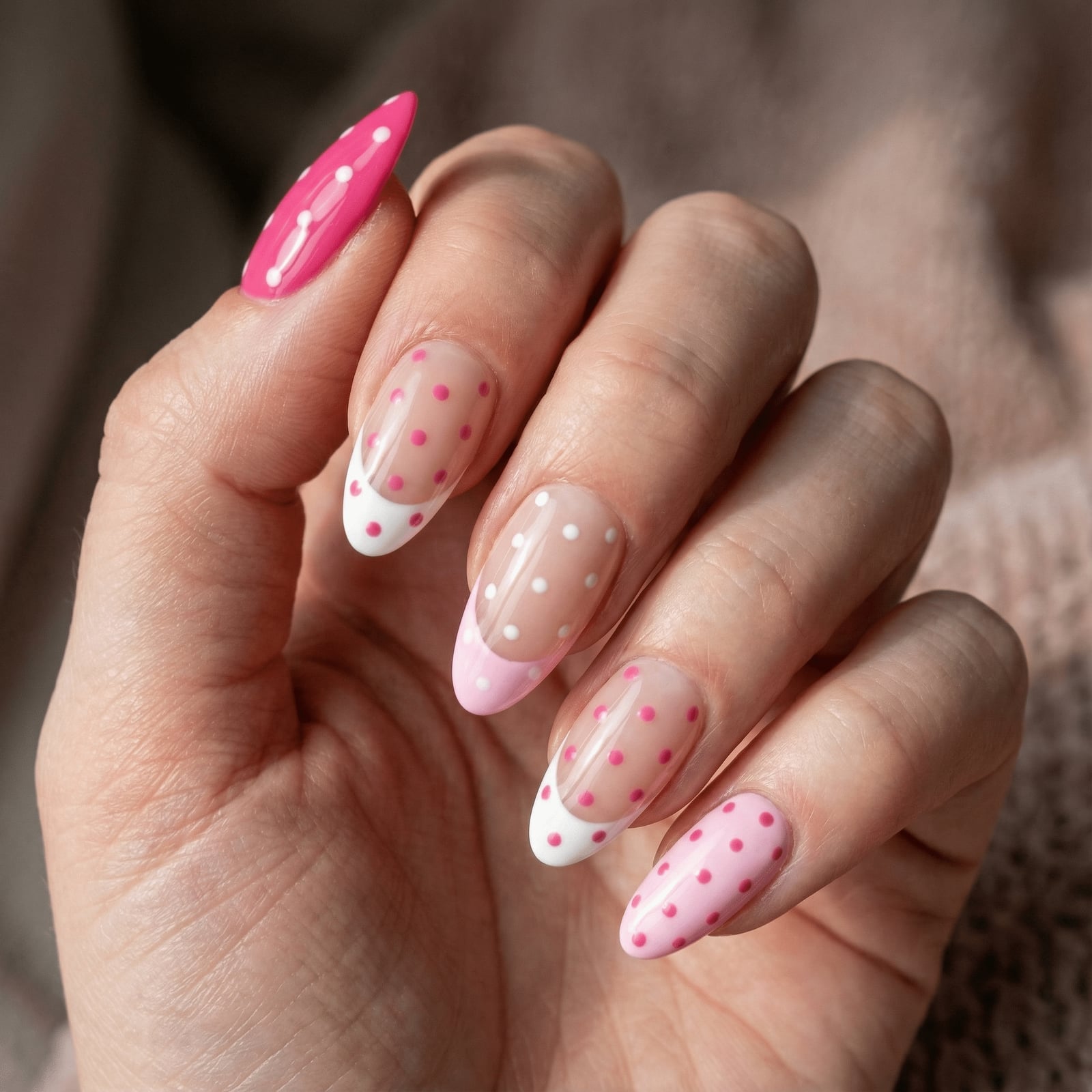 Pink French Tip with Pink Polka Dots Pink French Tip with Pink Polka Dots — Dots Nail Designs
