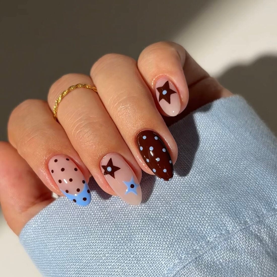 Brown and Beige Nails with Blue Dots and Stars Brown and Beige Nails with Blue Dots and Stars — Dots Nail Designs