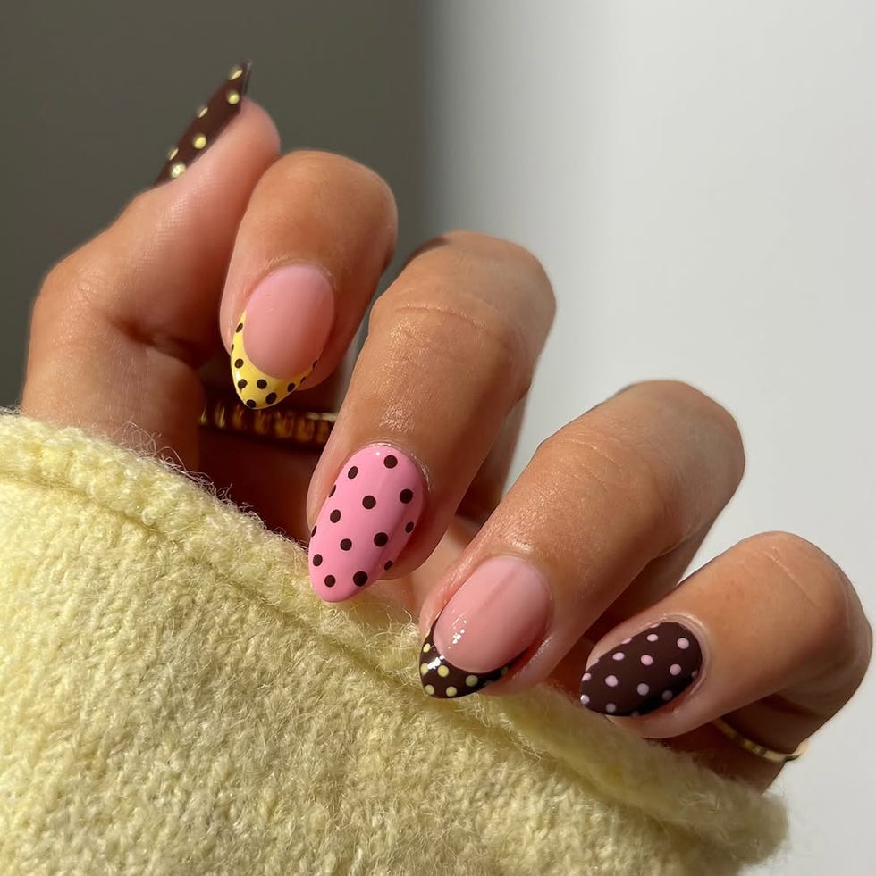 Bright Pink Nails with Brown Dots Bright Pink Nails with Brown Dots — Dots Nail Designs