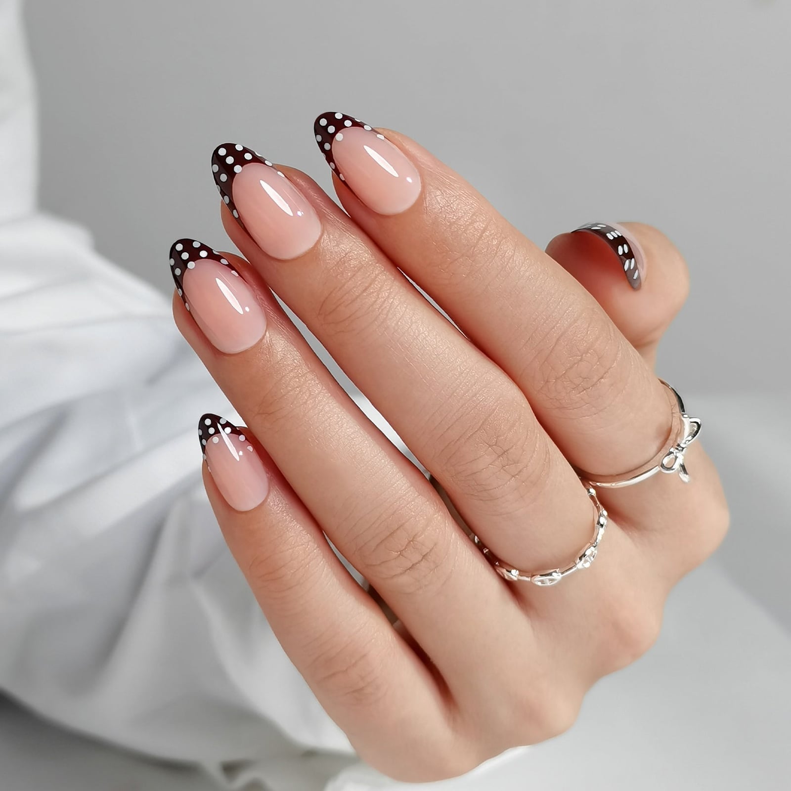 Dark Brown French Tip with White Dots Dark Brown French Tip with White Dots — Dots Nail Designs