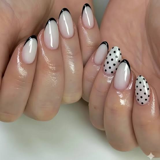 Sheer Nude Nails with Small Black Dots Sheer Nude Nails with Small Black Dots — Dots Nail Designs