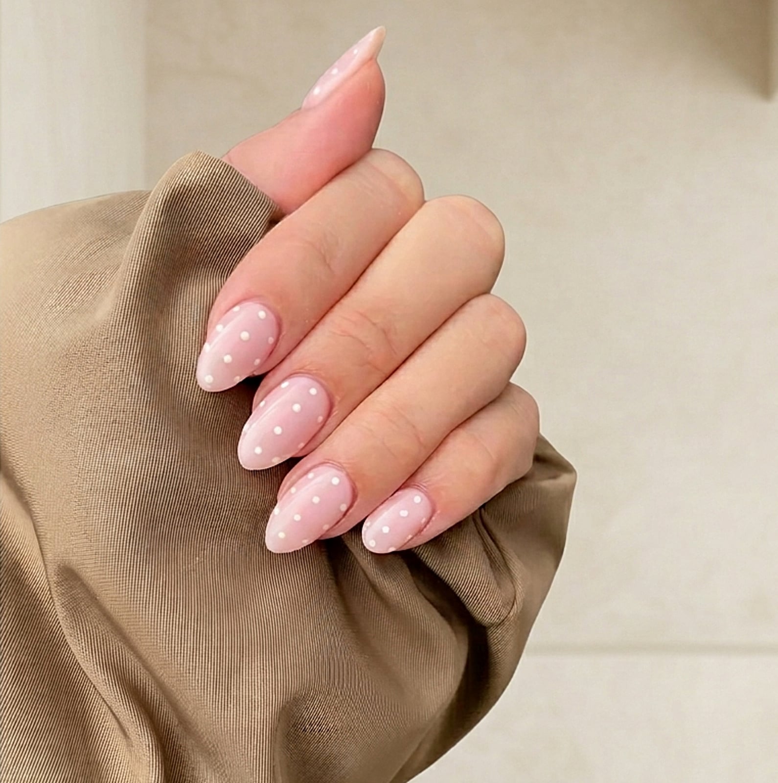 Pale Pink Nails with Small White Dots Pale Pink Nails with Small White Dots — Dots Nail Designs