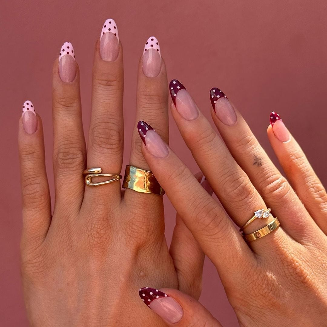 Burgundy and Pink French Tips with White Dots Burgundy and Pink French Tips with White Dots — Dots Nail Designs