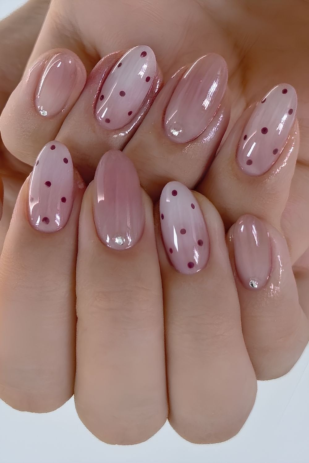 Milky Pink Nails with Dark Burgundy Dots Milky Pink Nails with Dark Burgundy Dots — Dots Nail Designs