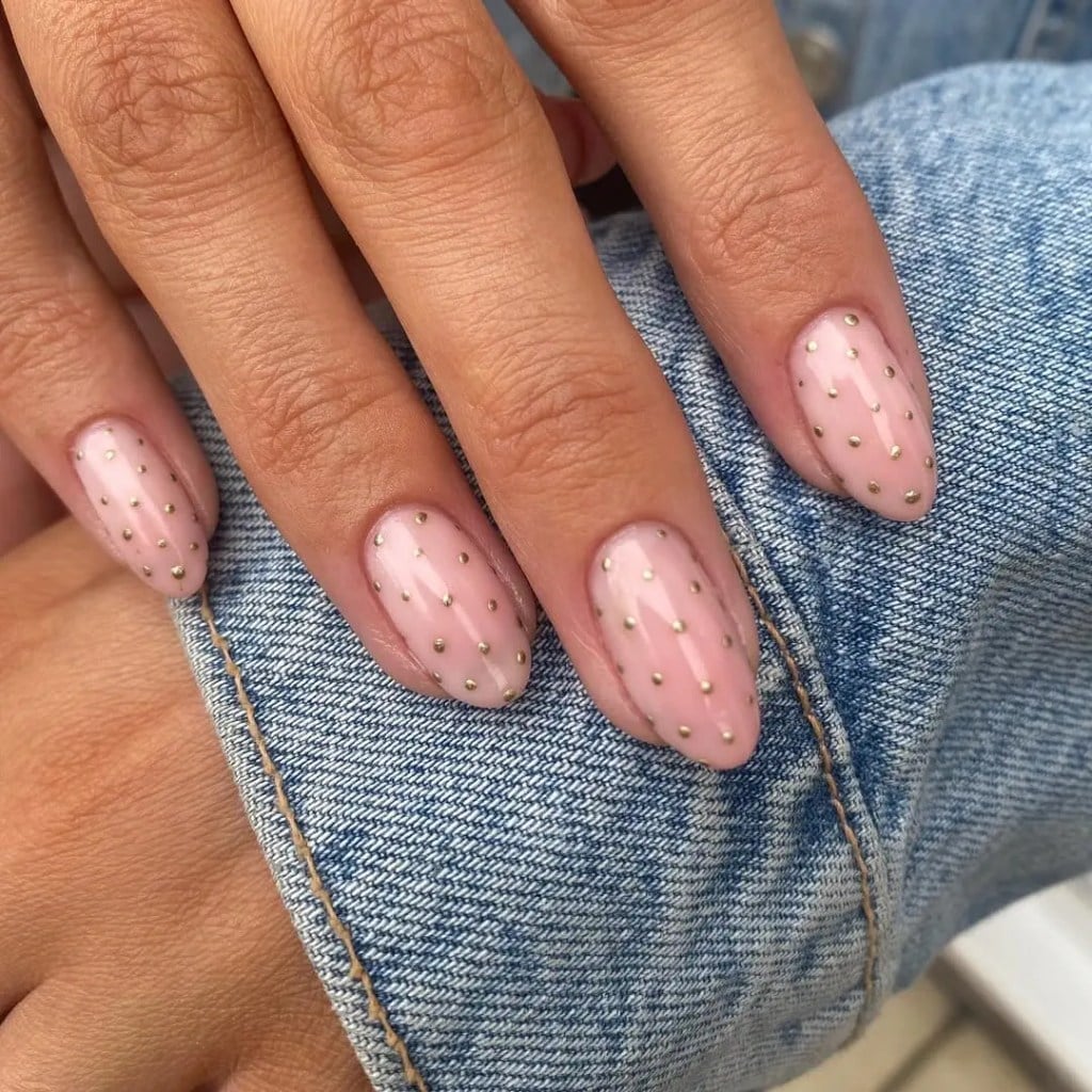 Sheer Pink with Gold Polka Dots Sheer Pink with Gold Polka Dots — Dots Nail Designs