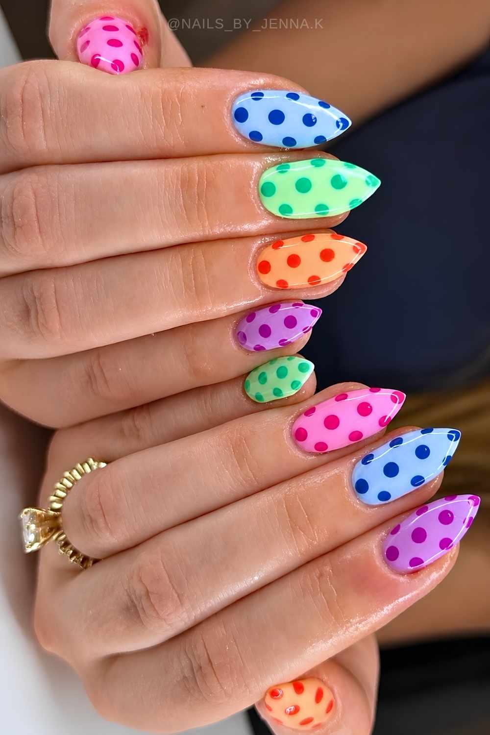 Multicolor Dots on Medium Almond Nails Multicolor Dots on Medium Almond Nails — Dots Nail Designs