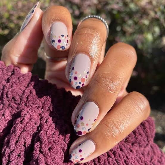 Beige Nails with Multicolored Glitter Dots Beige Nails with Multicolored Glitter Dots — Dots Nail Designs