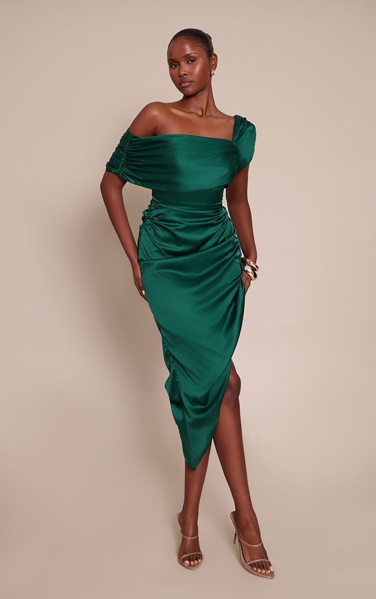 Emerald green satin dress with draped neckline Emerald green satin dress with draped neckline — Dress for Wedding Guest