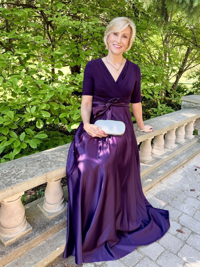Deep purple satin wrap dress with bow detail Deep purple satin wrap dress with bow detail — Dress for Wedding Guest