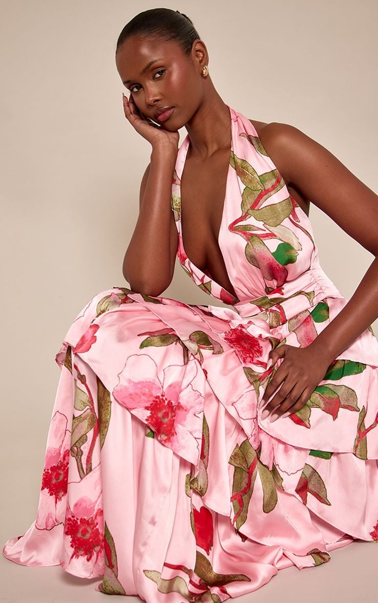 Pink tiered floral maxi dress with halter neckline Pink tiered floral maxi dress with halter neckline — Dress for Wedding Guest