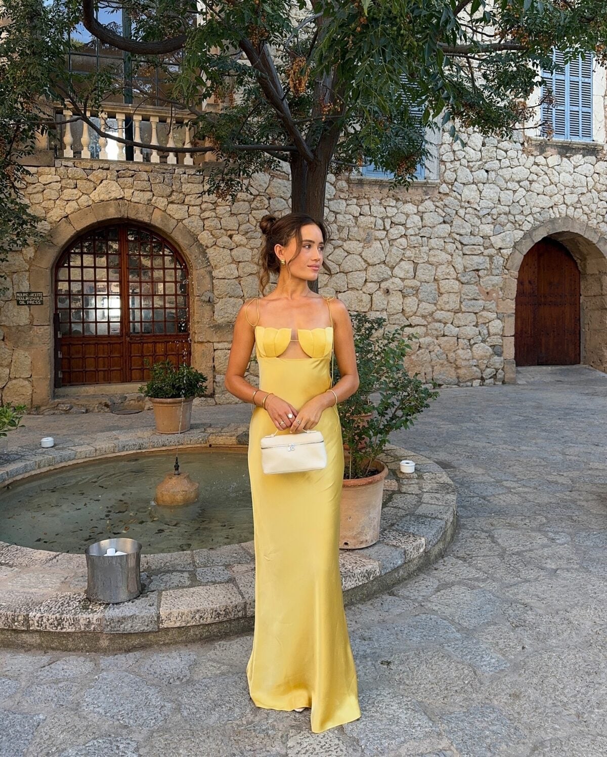 Elegant yellow satin slip dress with cut-out detail Elegant yellow satin slip dress with cut-out detail — Dress for Wedding Guest