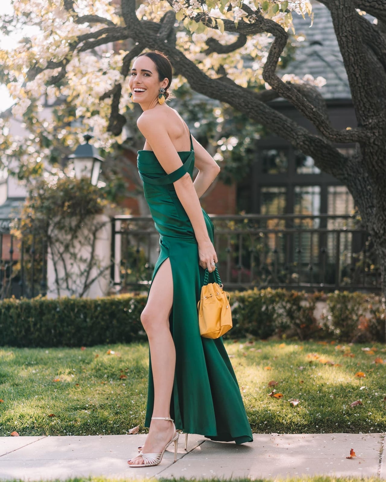 Emerald green satin gown with dramatic high slit Emerald green satin gown with dramatic high slit — Dress for Wedding Guest