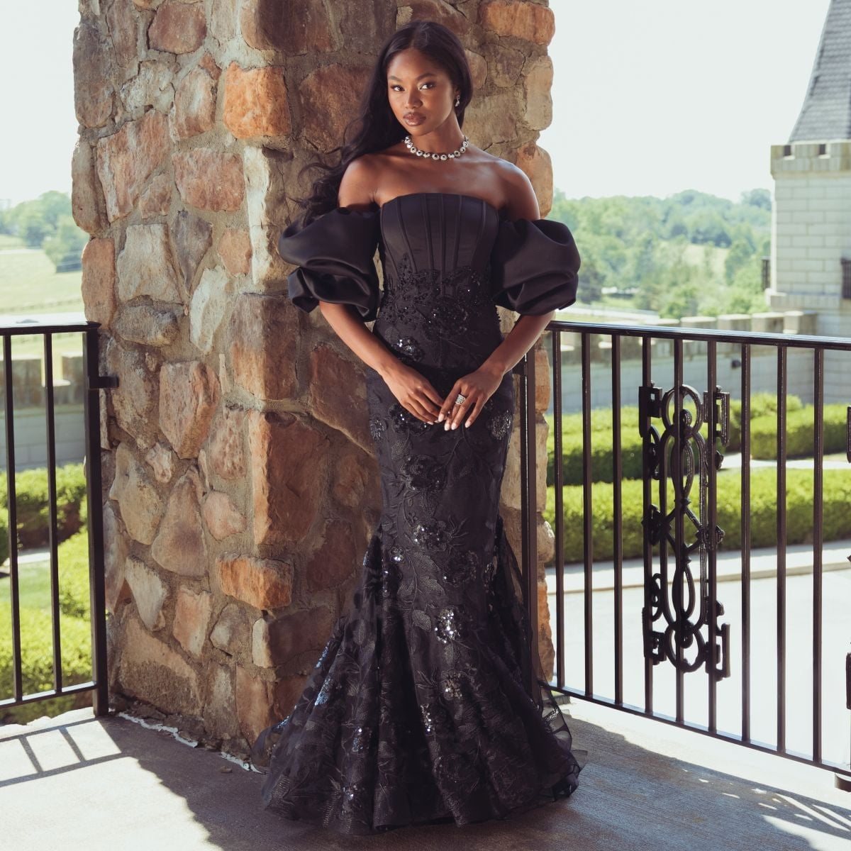 Dramatic black lace gown with puff sleeves Dramatic black lace gown with puff sleeves — Dress for Wedding Guest