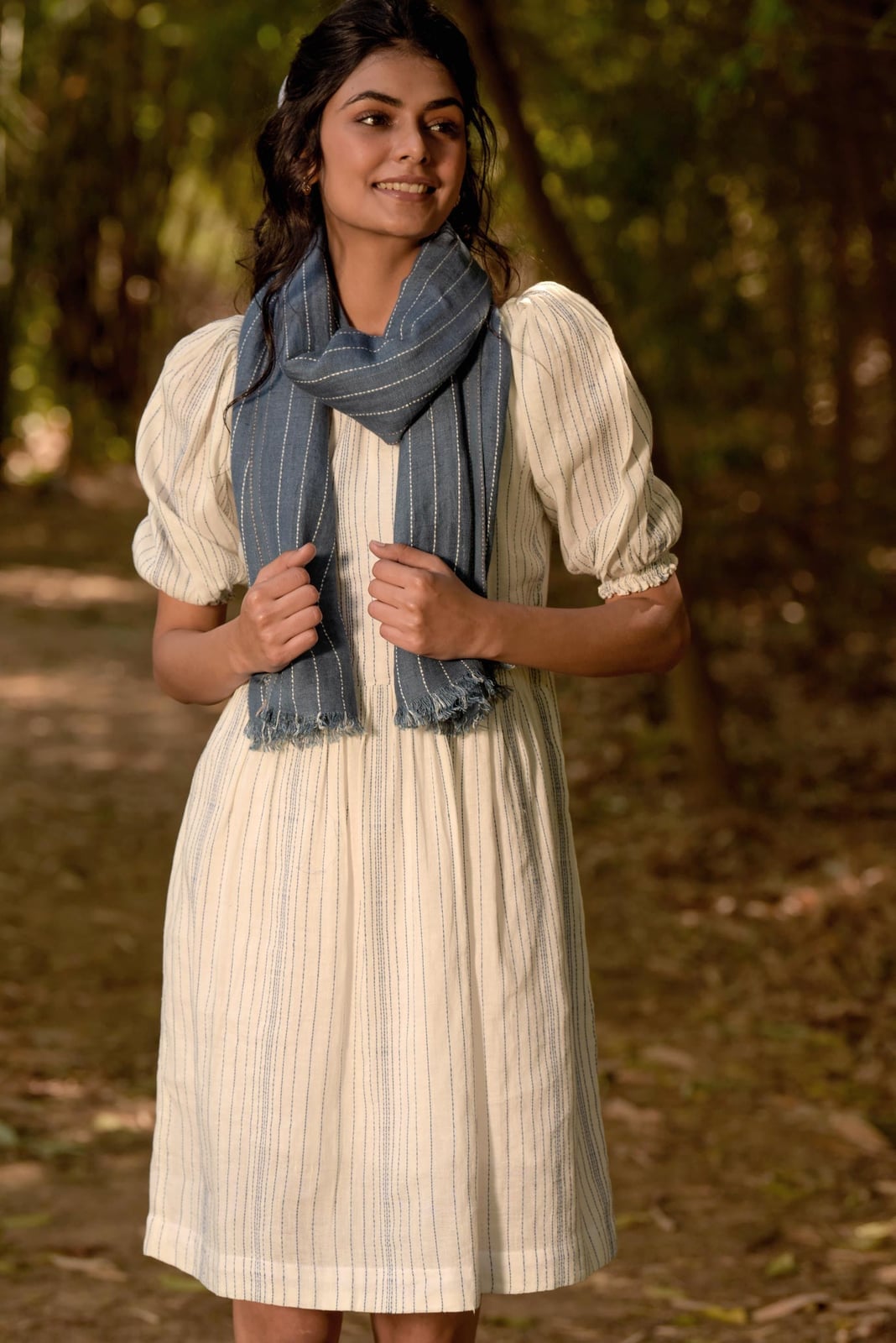 Cream Striped A-Line Dress with Puff Sleeves Cream Striped A-Line Dress with Puff Sleeves — Dress Ideas
