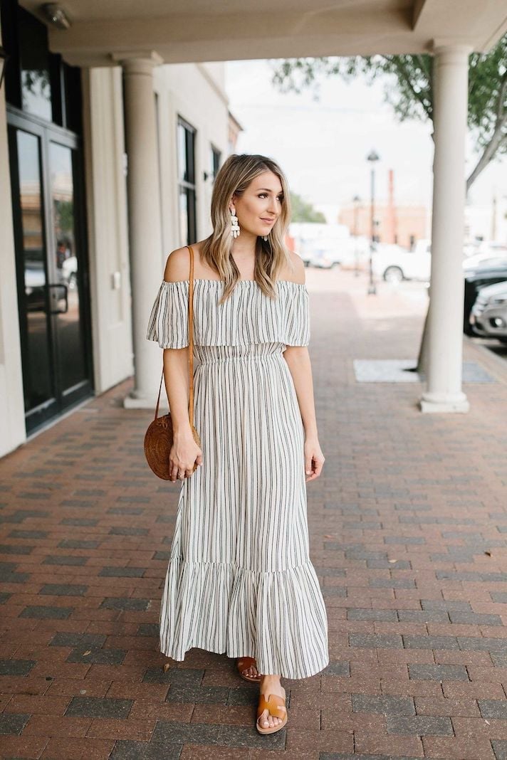 White and Blue Striped Off-Shoulder Maxi Dress White and Blue Striped Off-Shoulder Maxi Dress — Dress Ideas