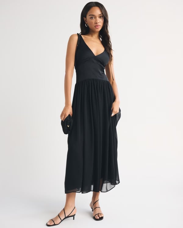 Black midi dress with flowing chiffon skirt Black midi dress with flowing chiffon skirt — Dress Outfits