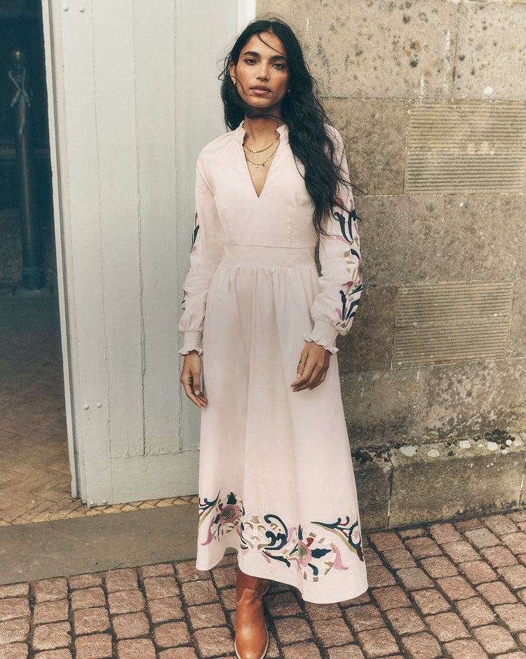 Light Pink Embroidered Cotton Midi Dress Light Pink Embroidered Cotton Midi Dress — Dress with Sleeves