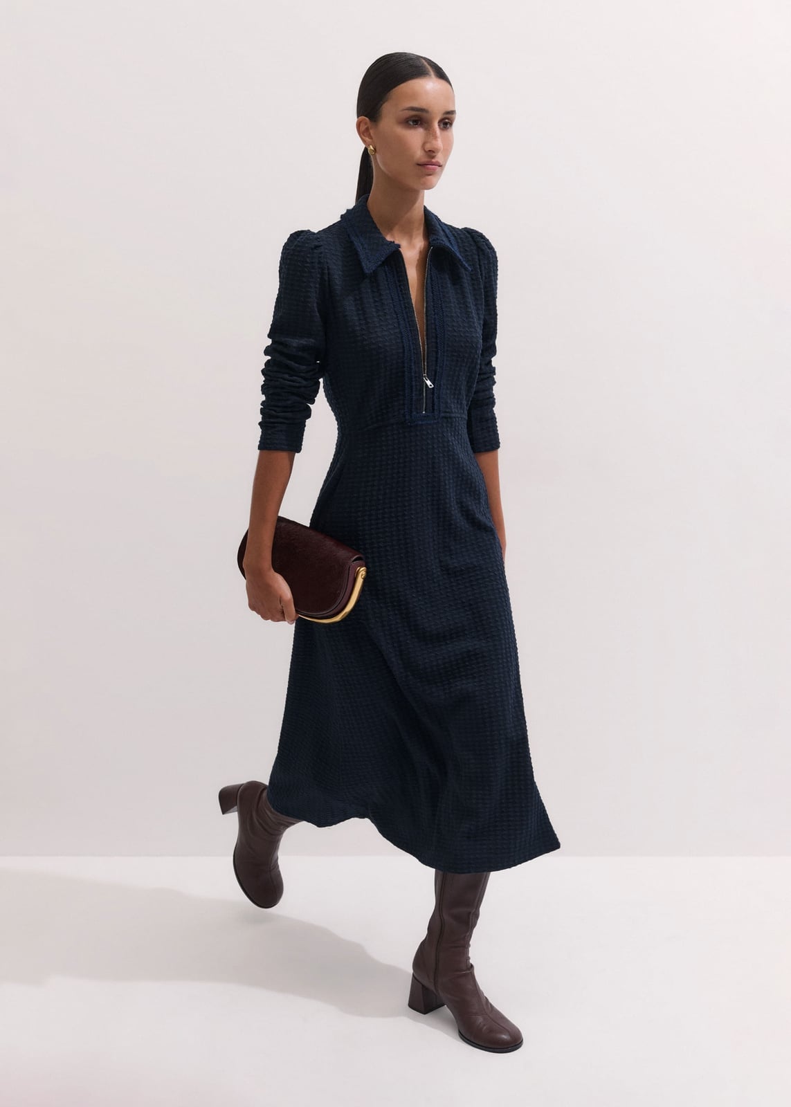Dark Blue Textured Collared Midi Dress Dark Blue Textured Collared Midi Dress — Dress with Sleeves