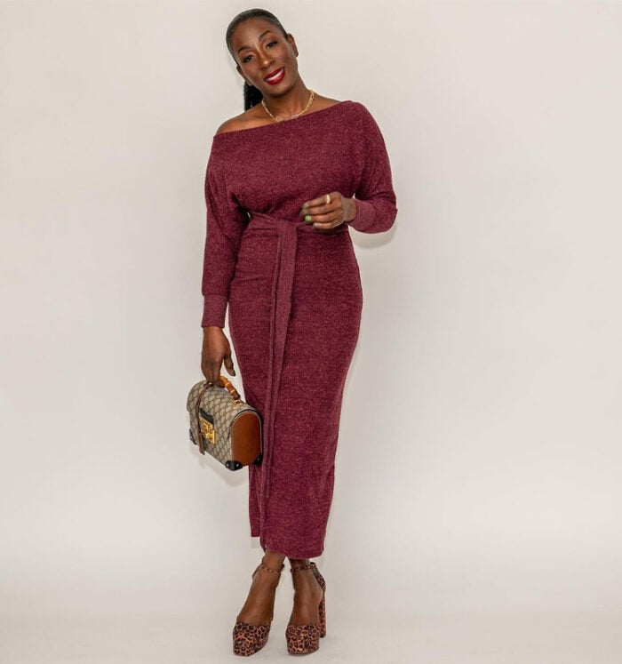 Maroon Off-the-Shoulder Knit Dress Maroon Off-the-Shoulder Knit Dress — Dress with Sleeves