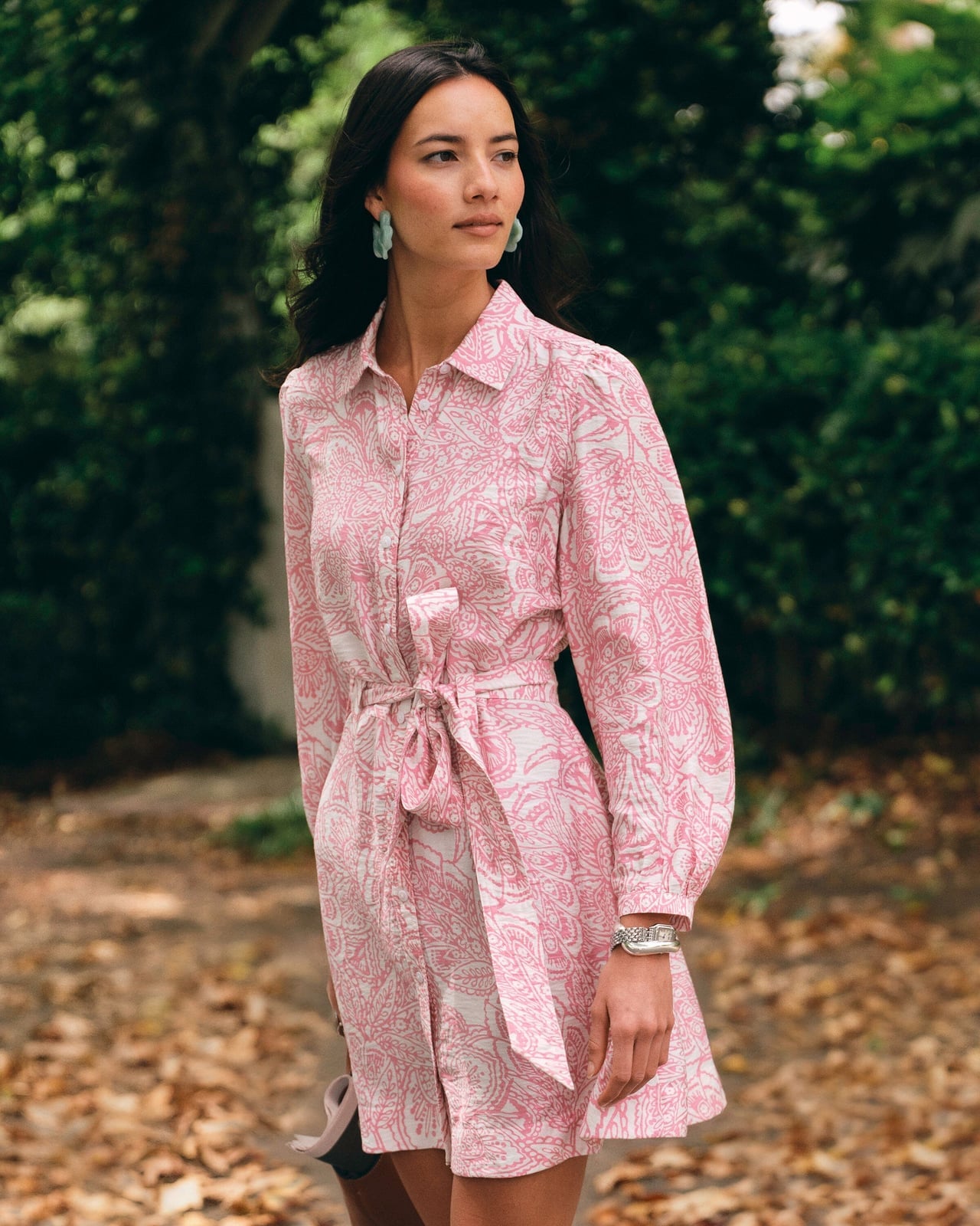 Pink and White Printed Long Sleeve Shirt Dress Pink and White Printed Long Sleeve Shirt Dress — Dress with Sleeves