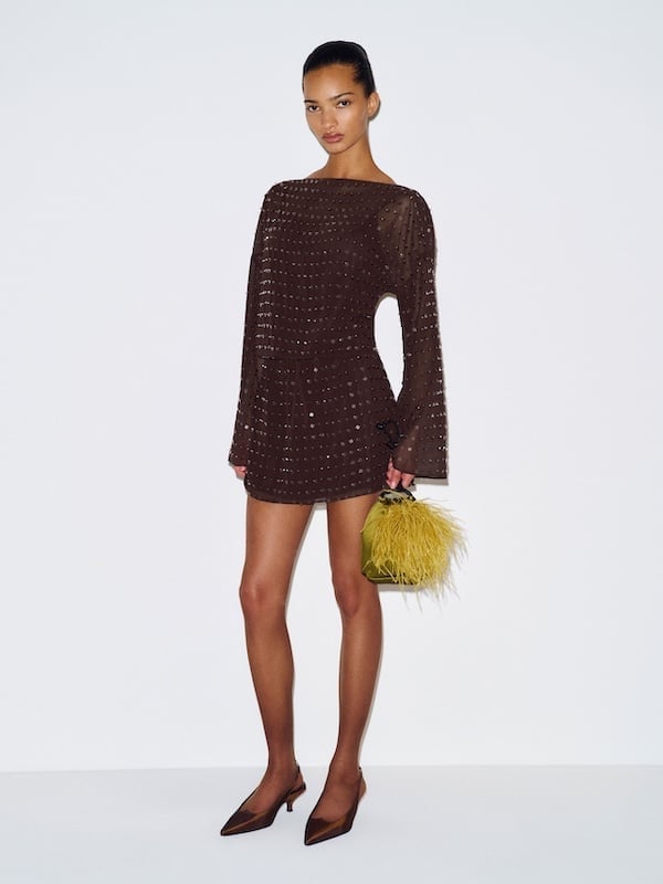 Brown Sequined Mini Dress with Flared Sleeves Brown Sequined Mini Dress with Flared Sleeves — Dress with Sleeves