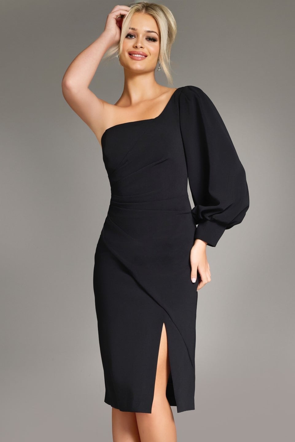 Black One-Shoulder Dress with Single Puff Sleeve Black One-Shoulder Dress with Single Puff Sleeve — Dress with Sleeves