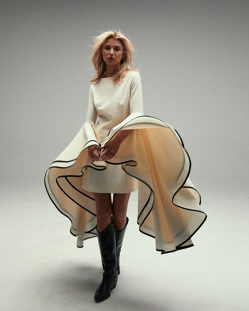 Cream Mini Dress with Black Trim and Flared Hem Cream Mini Dress with Black Trim and Flared Hem — Dress with Sleeves