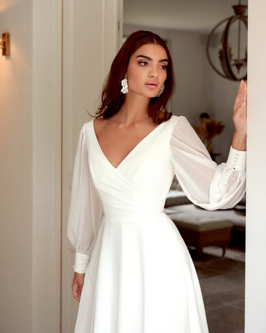 White A-line Dress with Sheer Puff Sleeves, Smooth Fabric White A-line Dress with Sheer Puff Sleeves, Smooth Fabric — Dress with Sleeves
