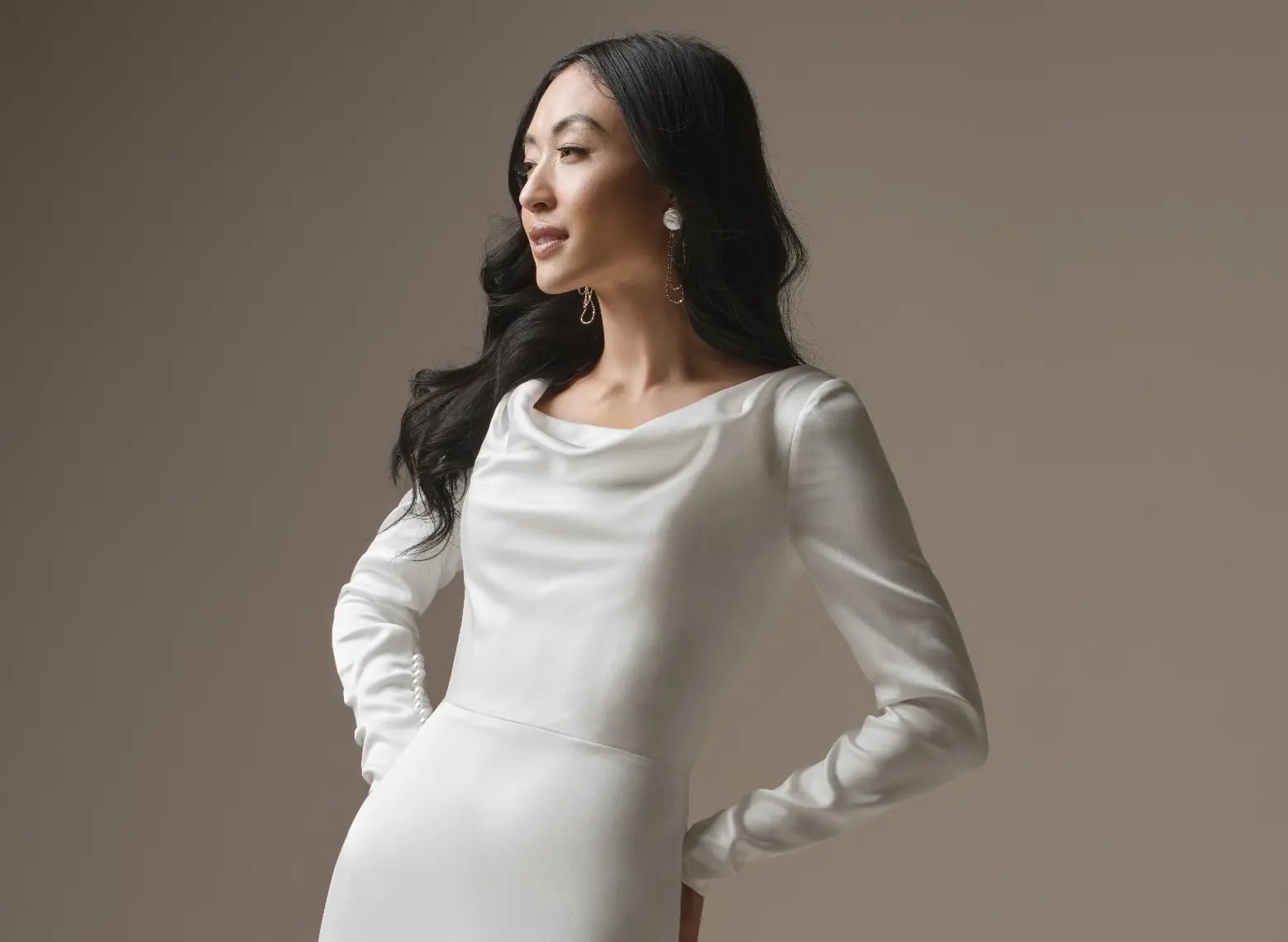 Ivory Satin Long Sleeve Cowl Neck Dress Ivory Satin Long Sleeve Cowl Neck Dress — Dress with Sleeves