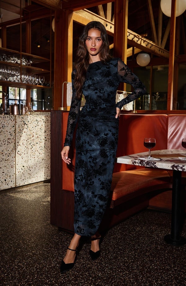 Dark Blue Velvet Maxi Dress with Sheer Floral Sleeves Dark Blue Velvet Maxi Dress with Sheer Floral Sleeves — Dress with Sleeves