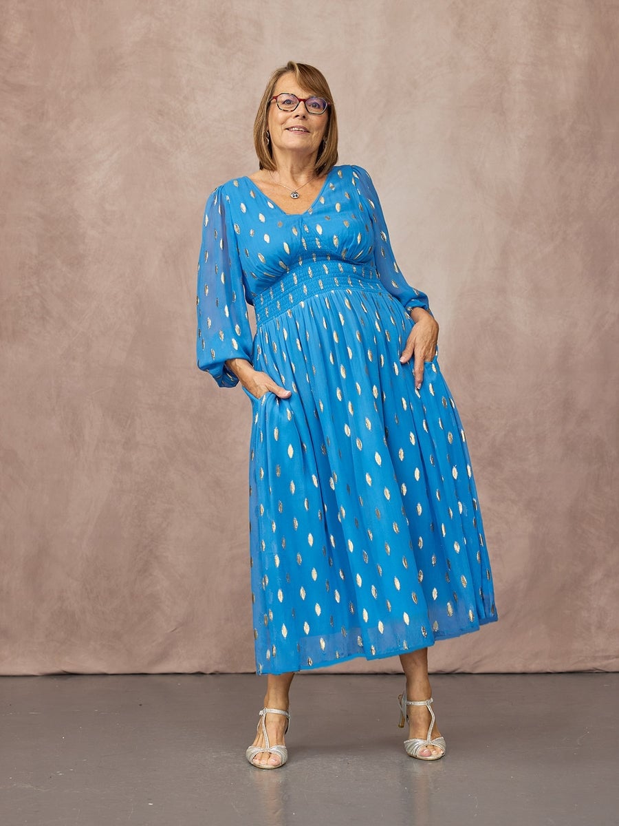 Blue Metallic Print Long Sleeve Dress Blue Metallic Print Long Sleeve Dress — Dress with Sleeves