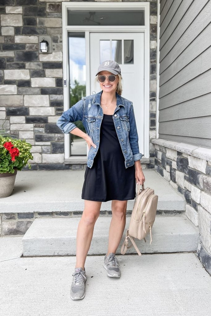 Black jersey t-shirt dress with denim jacket Black jersey t-shirt dress with denim jacket — Dresses for Moms