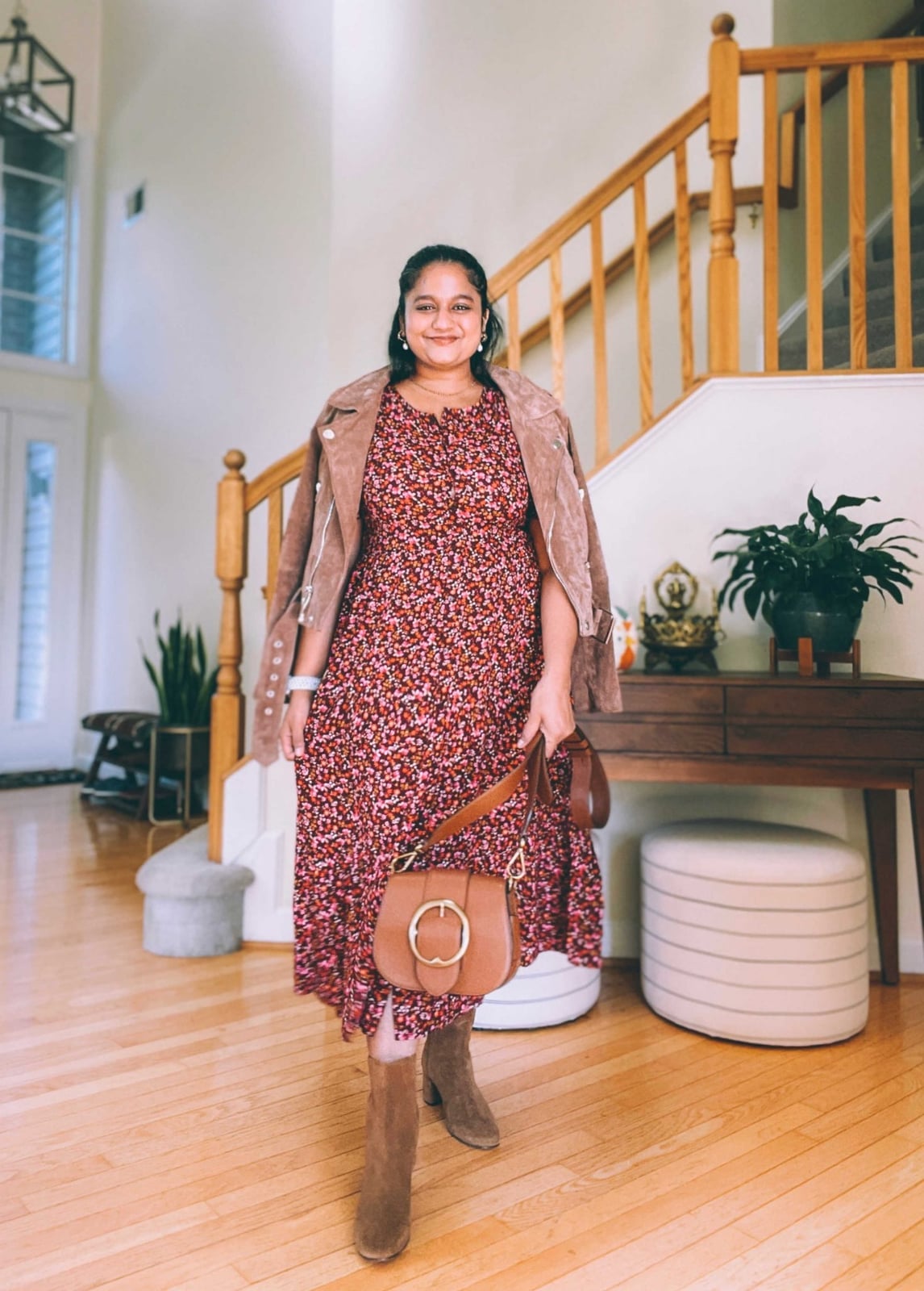 Floral print midi dress with suede jacket Floral print midi dress with suede jacket — Dresses for Moms