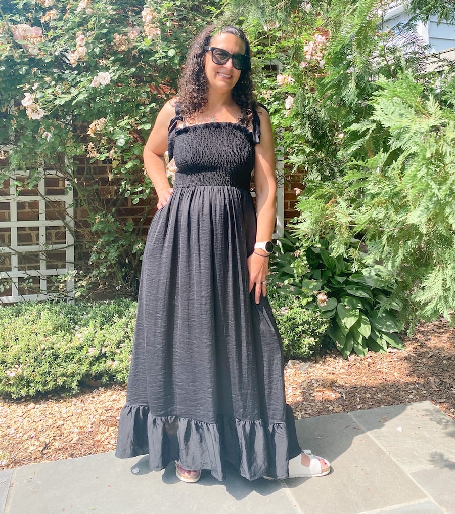 Black textured maxi dress with smocked bodice Black textured maxi dress with smocked bodice — Dresses for Moms