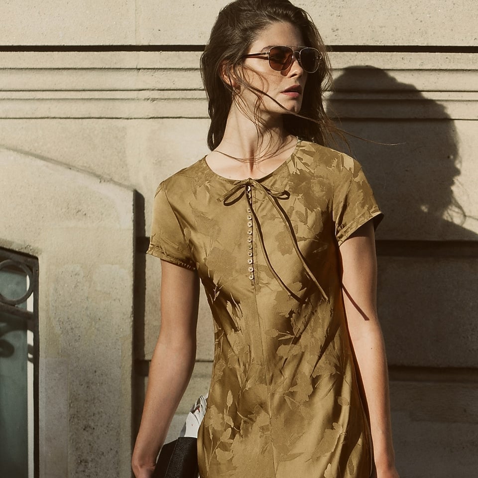 Olive Green Jacquard Floral Tie Neck Dress Olive Green Jacquard Floral Tie Neck Dress — Dresses Simple