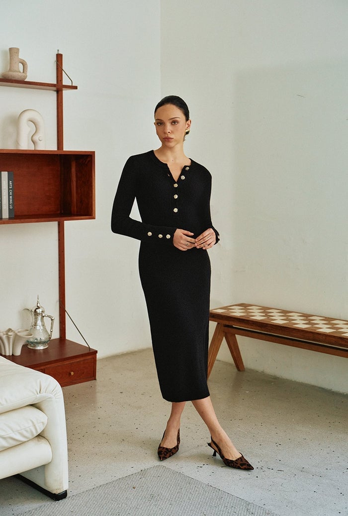 Black Long Sleeve Knit Dress With Gold Buttons Black Long Sleeve Knit Dress With Gold Buttons — Dresses Simple