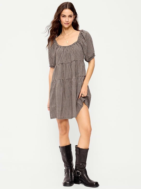 Gingham Tiered Mini Dress With Puff Sleeves Gingham Tiered Mini Dress With Puff Sleeves — Dresses Simple