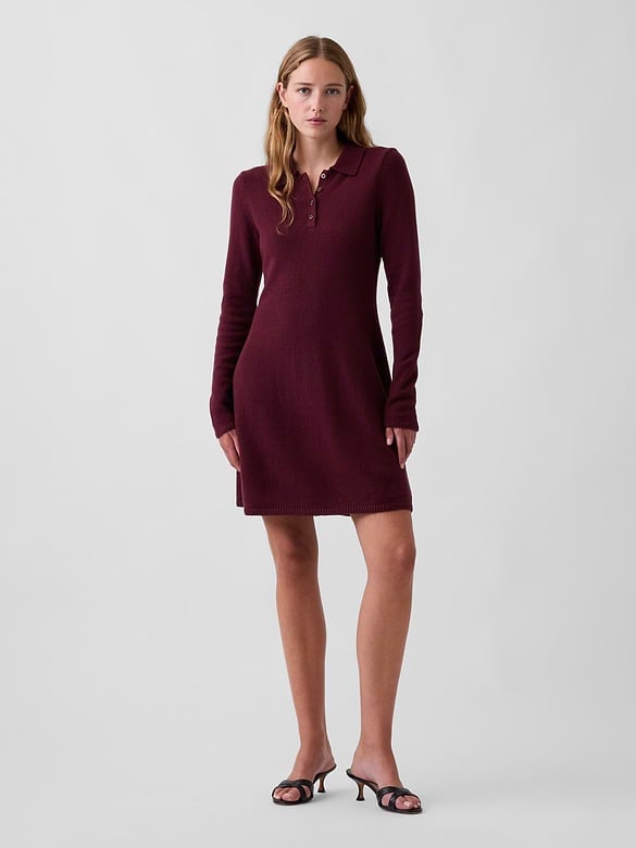 Burgundy Knitted A-Line Dress With Polo Collar Burgundy Knitted A-Line Dress With Polo Collar — Dresses Simple