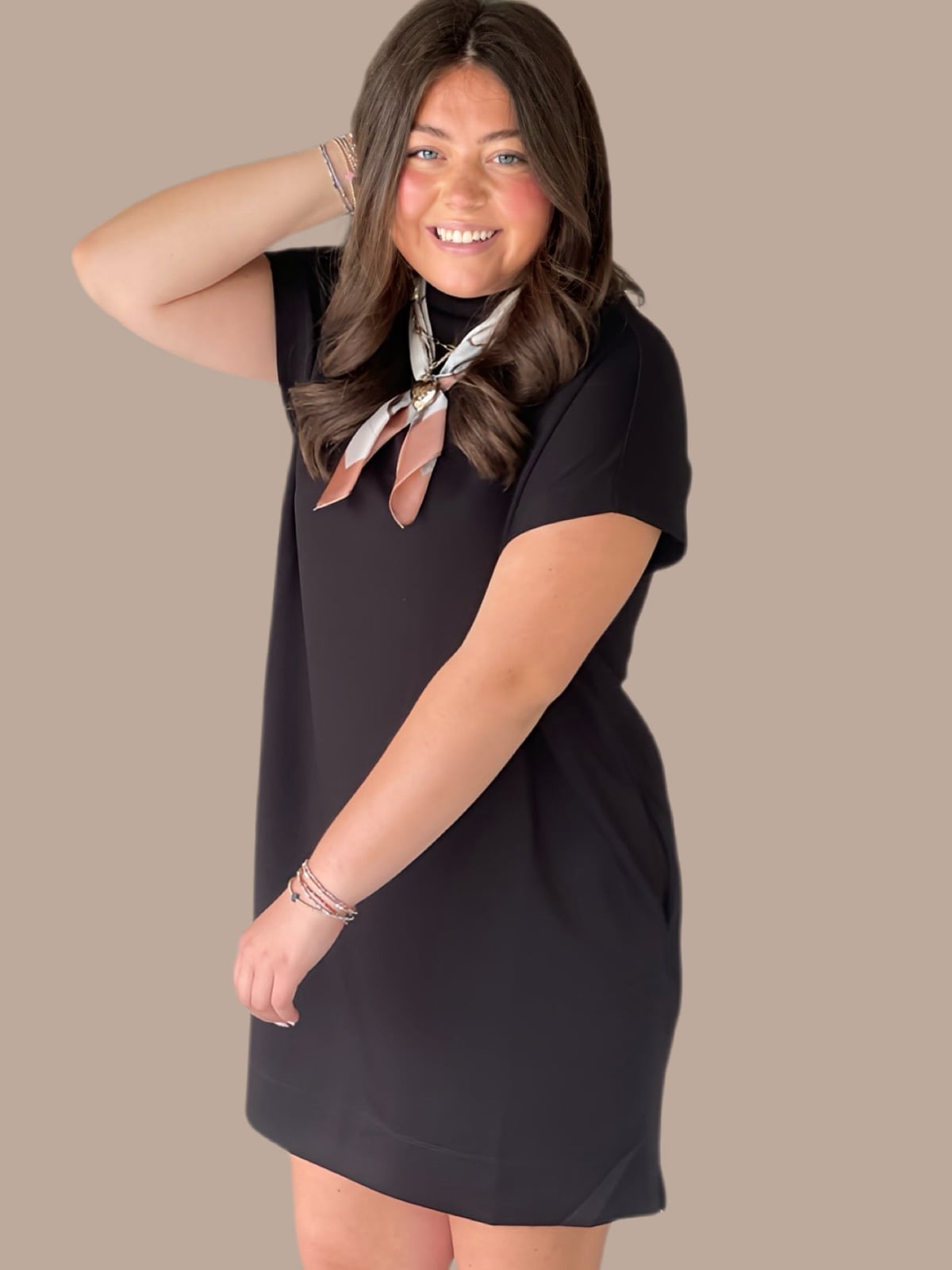 Black T-Shirt Shift Dress With Printed Scarf Black T-Shirt Shift Dress With Printed Scarf — Dresses Simple