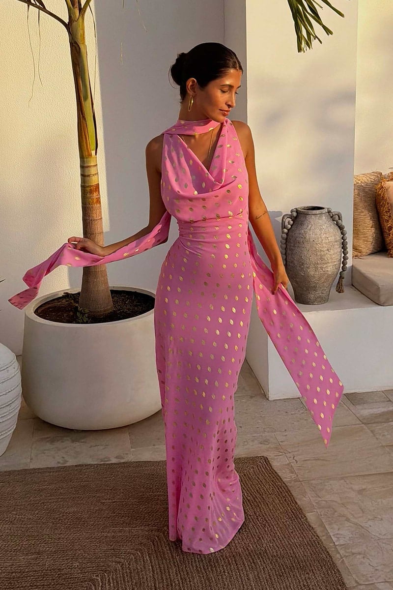Pink Halter Neck Maxi Dress With Gold Polka Dots Pink Halter Neck Maxi Dress With Gold Polka Dots — Dresses to Wear