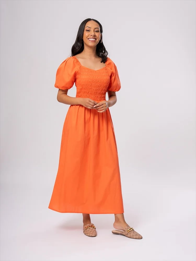 Bright Orange Smocked Midi Dress With Puff Sleeves Bright Orange Smocked Midi Dress With Puff Sleeves — Dresses to Wear