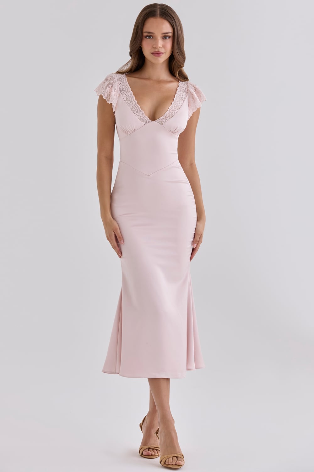 Pale Pink Satin Midi Dress With Lace Trim Pale Pink Satin Midi Dress With Lace Trim — Dresses to Wear