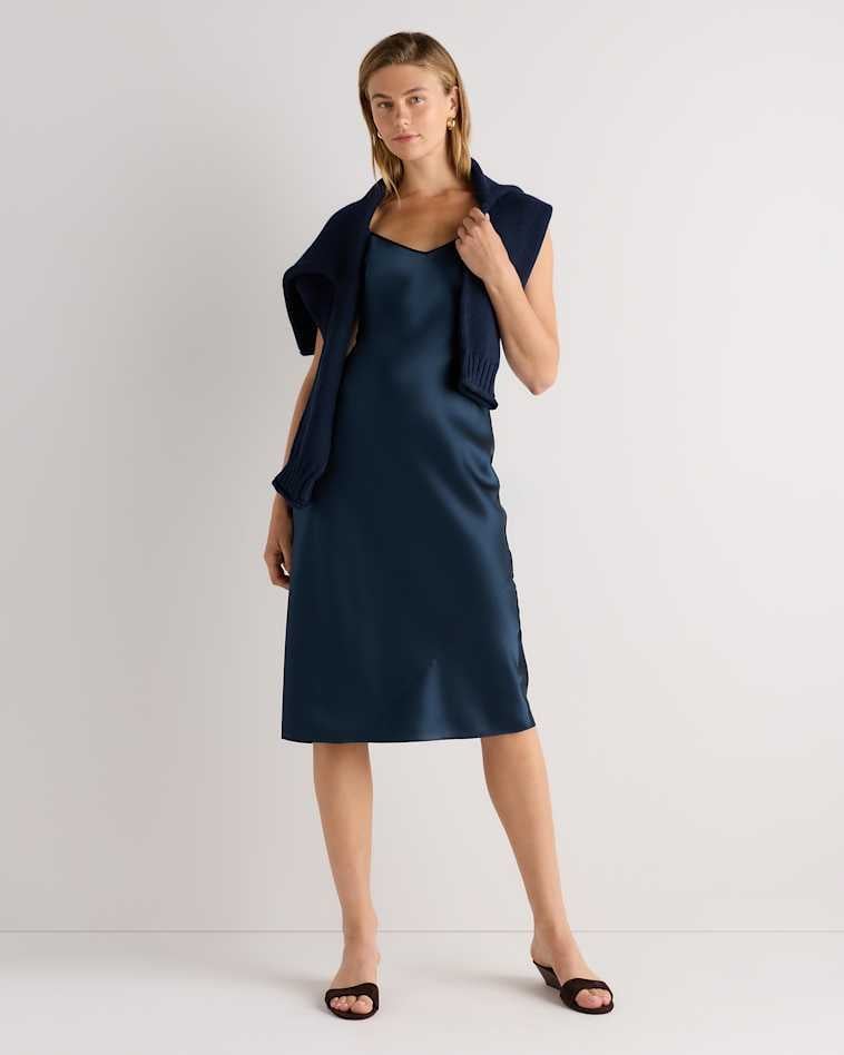 Navy Blue Satin Slip Dress With Knit Vest Navy Blue Satin Slip Dress With Knit Vest — Dresses to Wear
