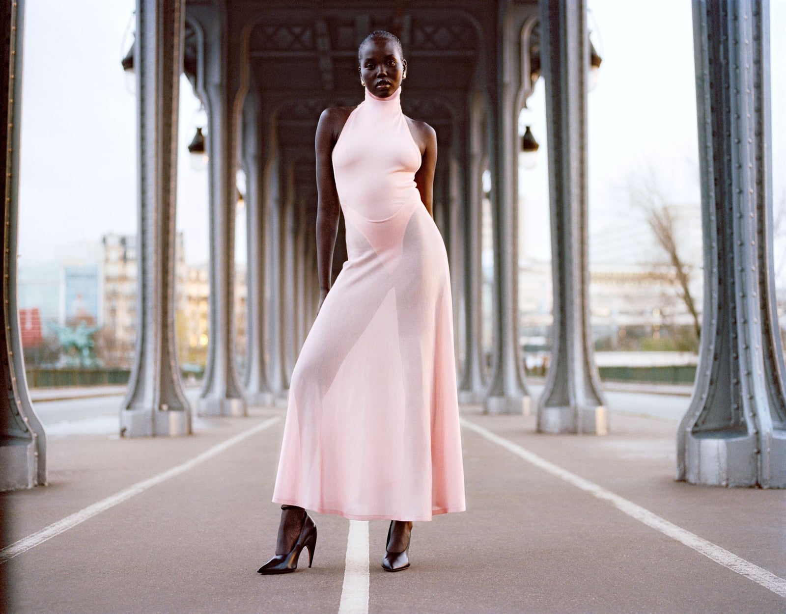 Pale Pink Sheer Knit Halter Maxi Dress, She Wears Black Pointed Heels Pale Pink Sheer Knit Halter Maxi Dress, She Wears Black Pointed Heels — Dresses to Wear