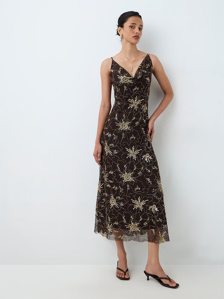 Dark Brown Embroidered Sequin Midi Dress, Black Thong Sandals Dark Brown Embroidered Sequin Midi Dress, Black Thong Sandals — Dresses to Wear