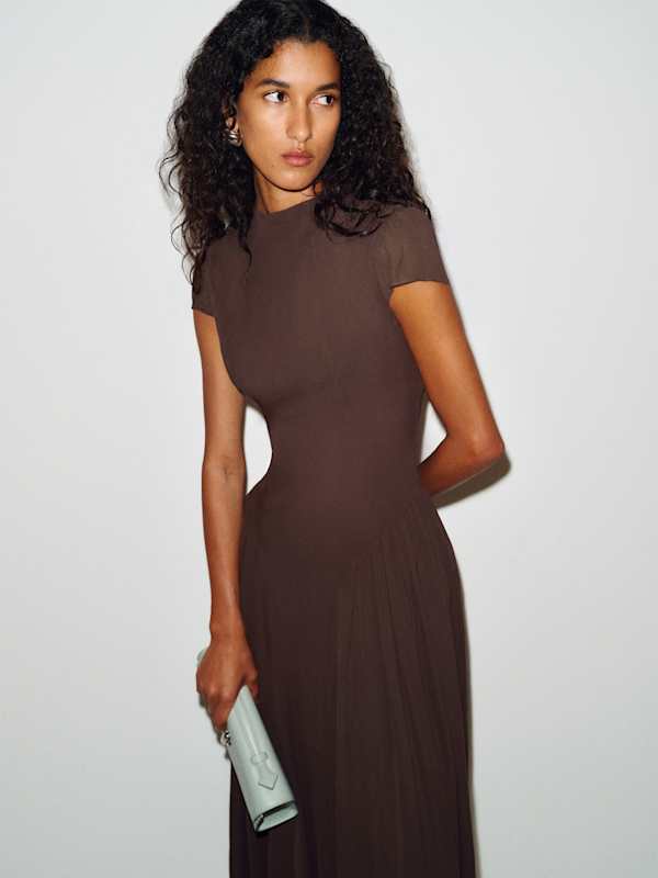 Deep Brown Jersey Knit Midi Dress With Sculpted Waist Deep Brown Jersey Knit Midi Dress With Sculpted Waist — Dresses to Wear